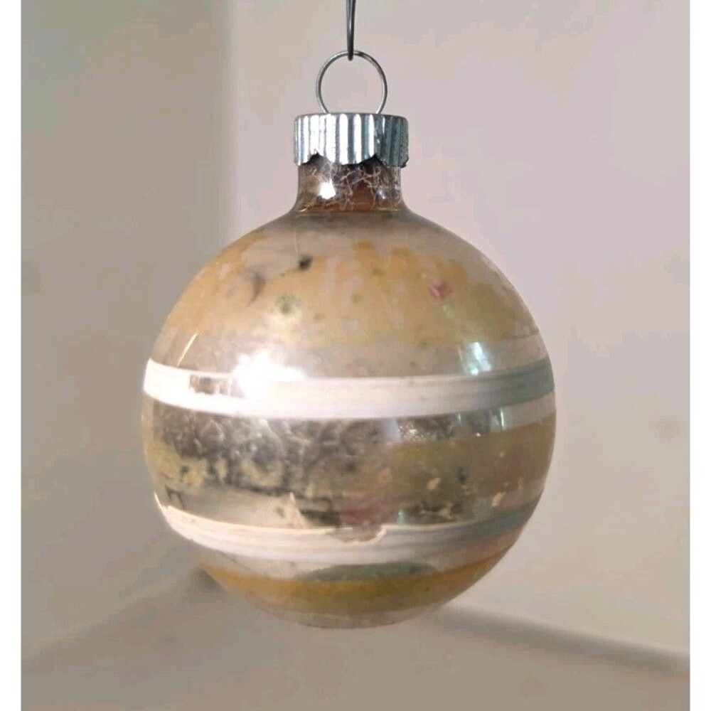 VTG Shiny Brite Gold Silver White Striped Mercury Glass Ball Christmas Ornament
